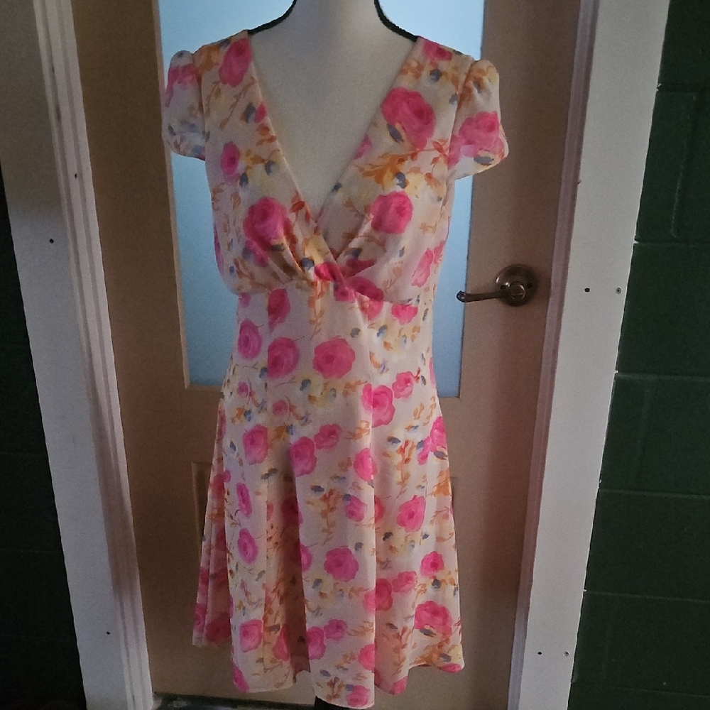 Floral V-Neck Dress in Pink and Cream